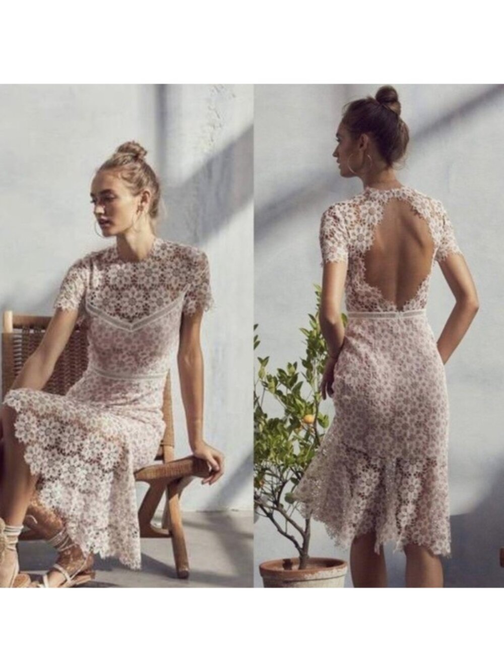 Saylor Lillie Illusion Lace Midi Dress Sweetheart Neckline in blush pink + white